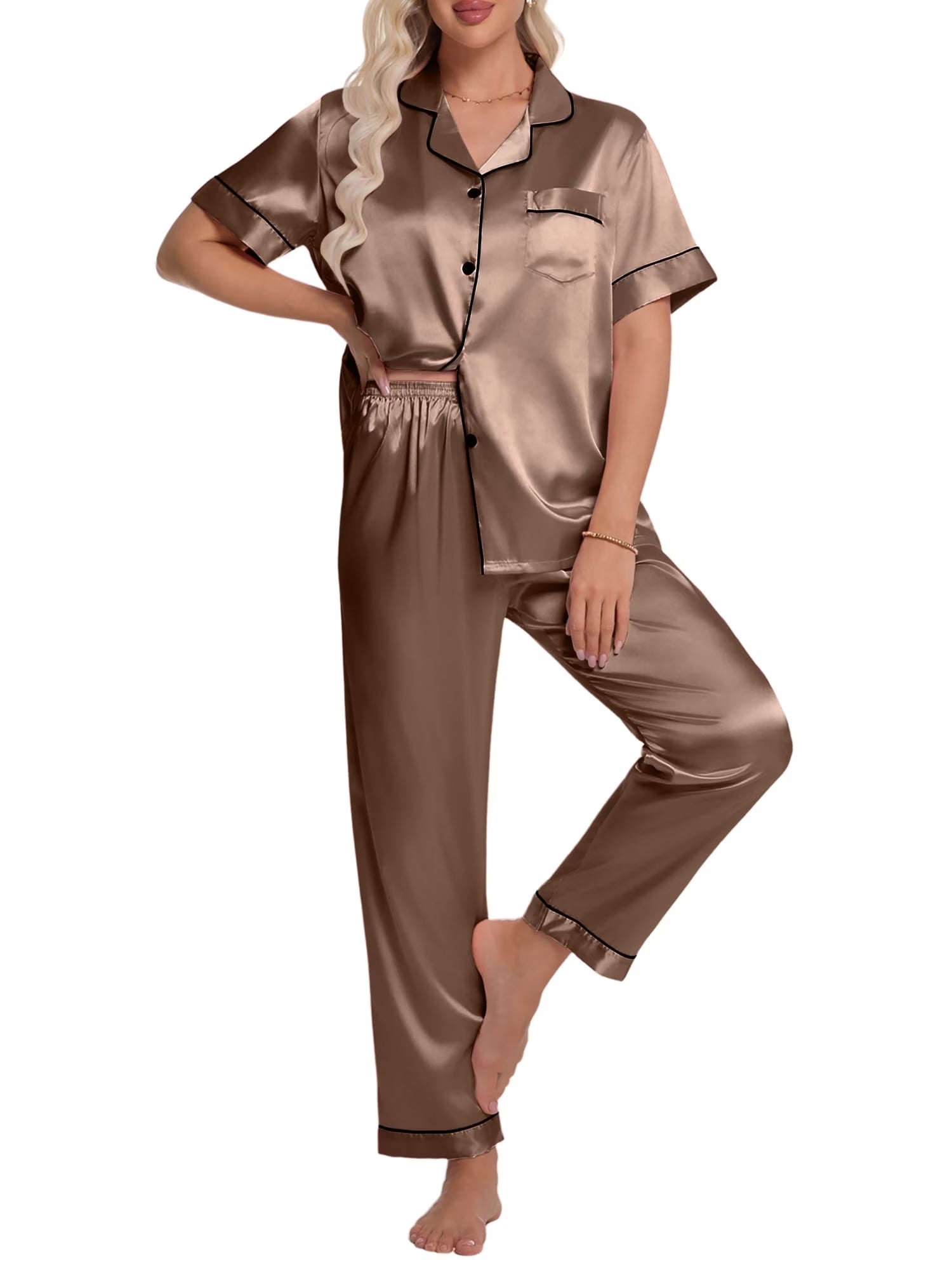 Silk Satin Pajamas Set for Women Two-Piece Short Sleeve Shirt with Long Pajama Pant Set Soft Button down Loungewear Nightwear Pjs Sleepwear for Women
