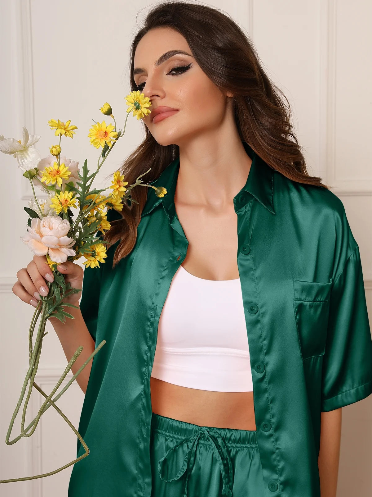 Womens Satin Silk Pajama Sets Short Sleeve Button down Pajamas Women Pjs Lounge Sets Sleepwear Long Pant S-XL