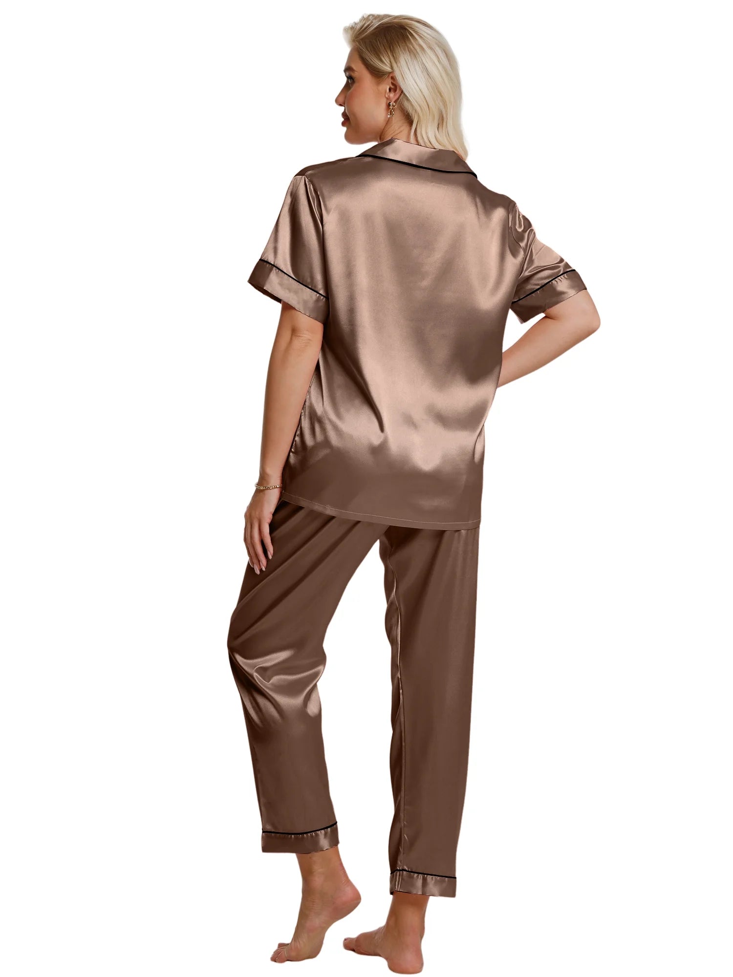 Silk Satin Pajamas Set for Women Two-Piece Short Sleeve Shirt with Long Pajama Pant Set Soft Button down Loungewear Nightwear Pjs Sleepwear for Women