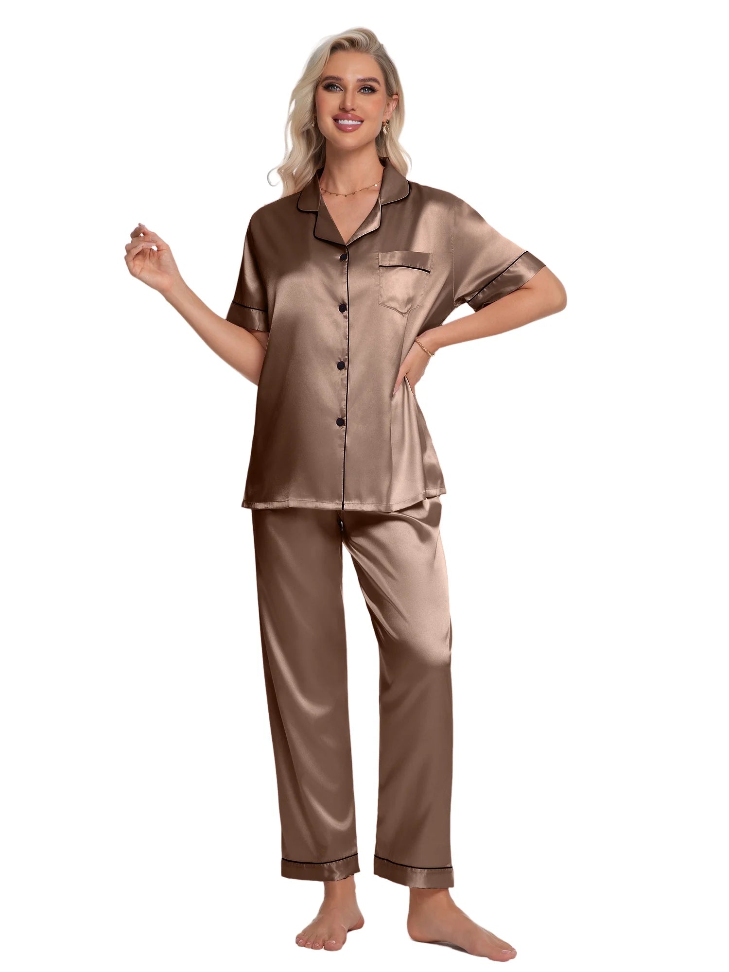 Silk Satin Pajamas Set for Women Two-Piece Short Sleeve Shirt with Long Pajama Pant Set Soft Button down Loungewear Nightwear Pjs Sleepwear for Women