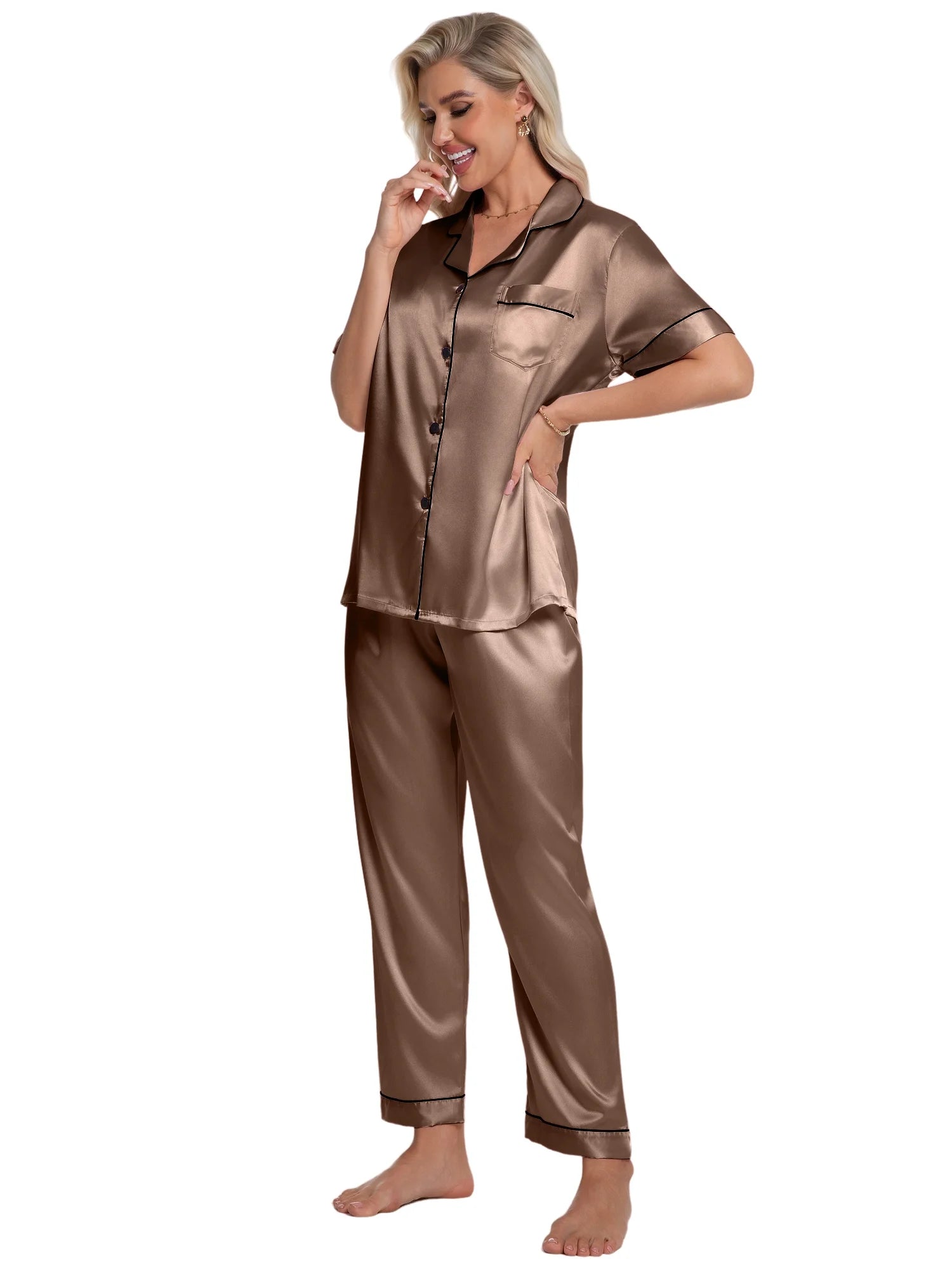 Silk Satin Pajamas Set for Women Two-Piece Short Sleeve Shirt with Long Pajama Pant Set Soft Button down Loungewear Nightwear Pjs Sleepwear for Women