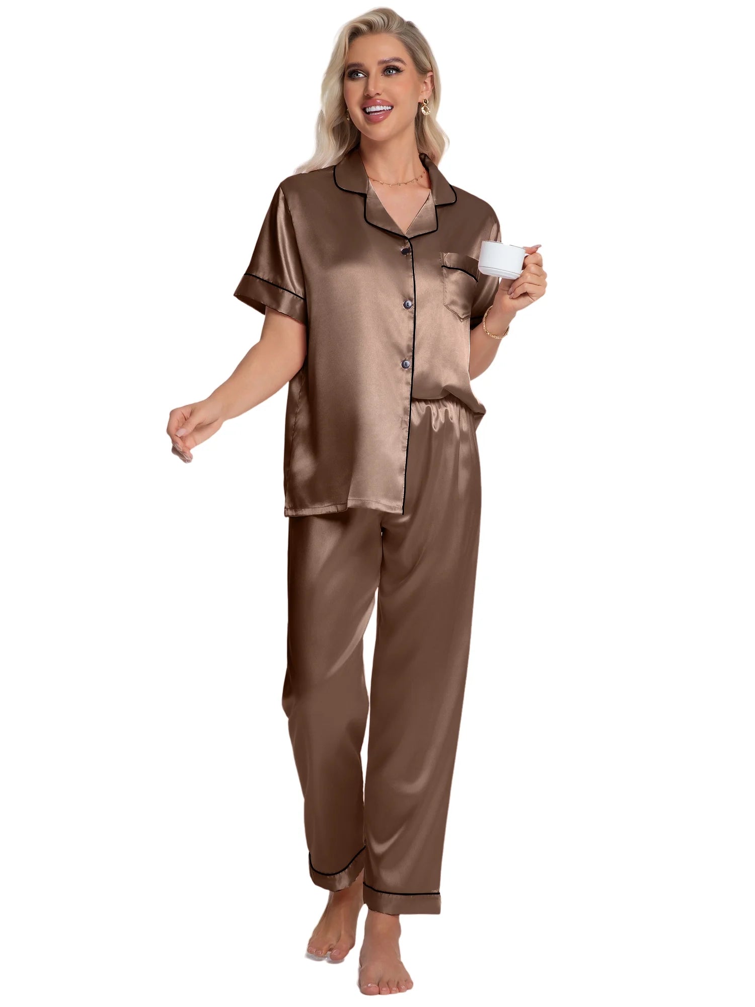 Silk Satin Pajamas Set for Women Two-Piece Short Sleeve Shirt with Long Pajama Pant Set Soft Button down Loungewear Nightwear Pjs Sleepwear for Women