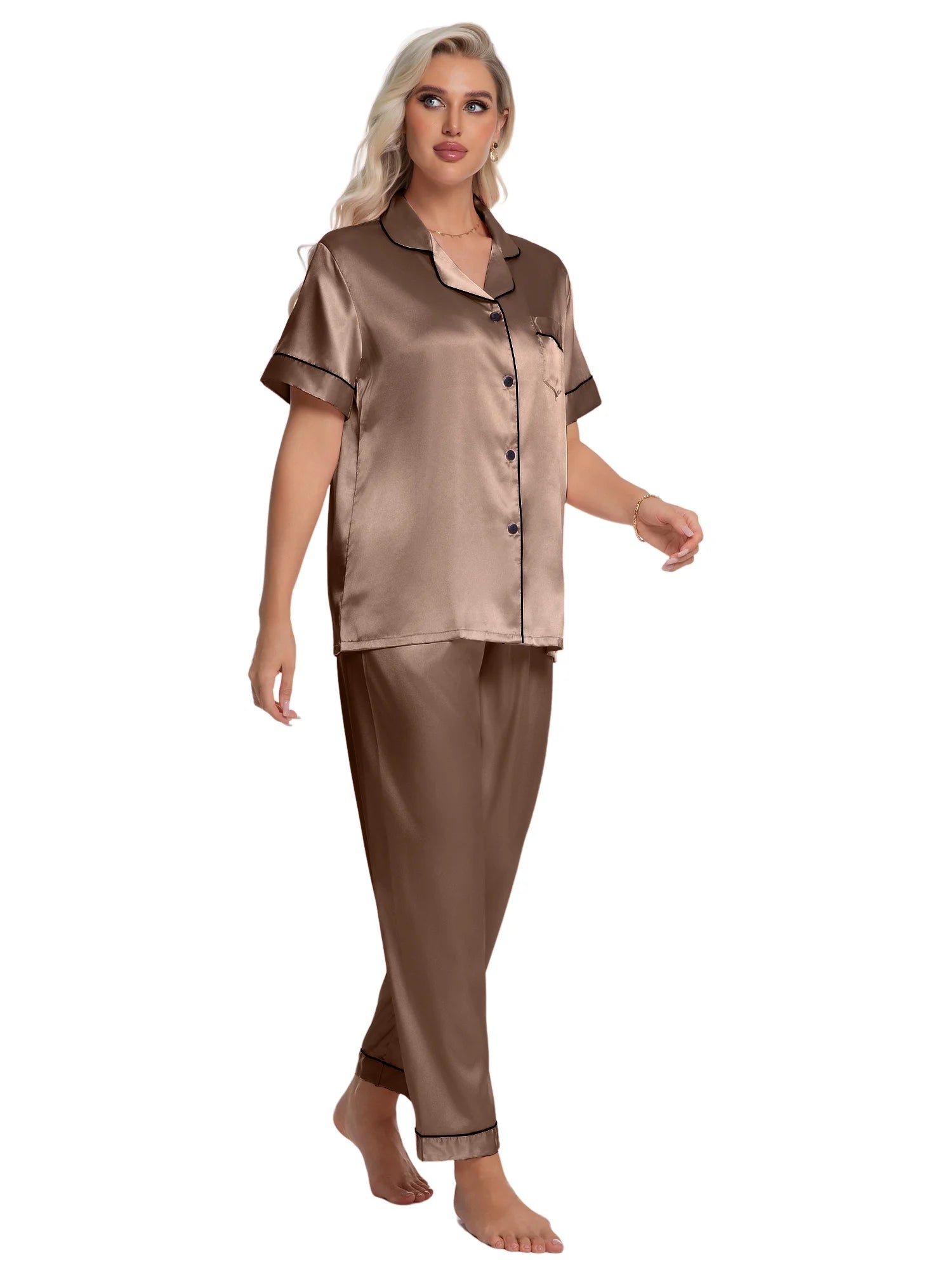 Silk Satin Pajamas Set for Women Two-Piece Short Sleeve Shirt with Long Pajama Pant Set Soft Button down Loungewear Nightwear Pjs Sleepwear for Women