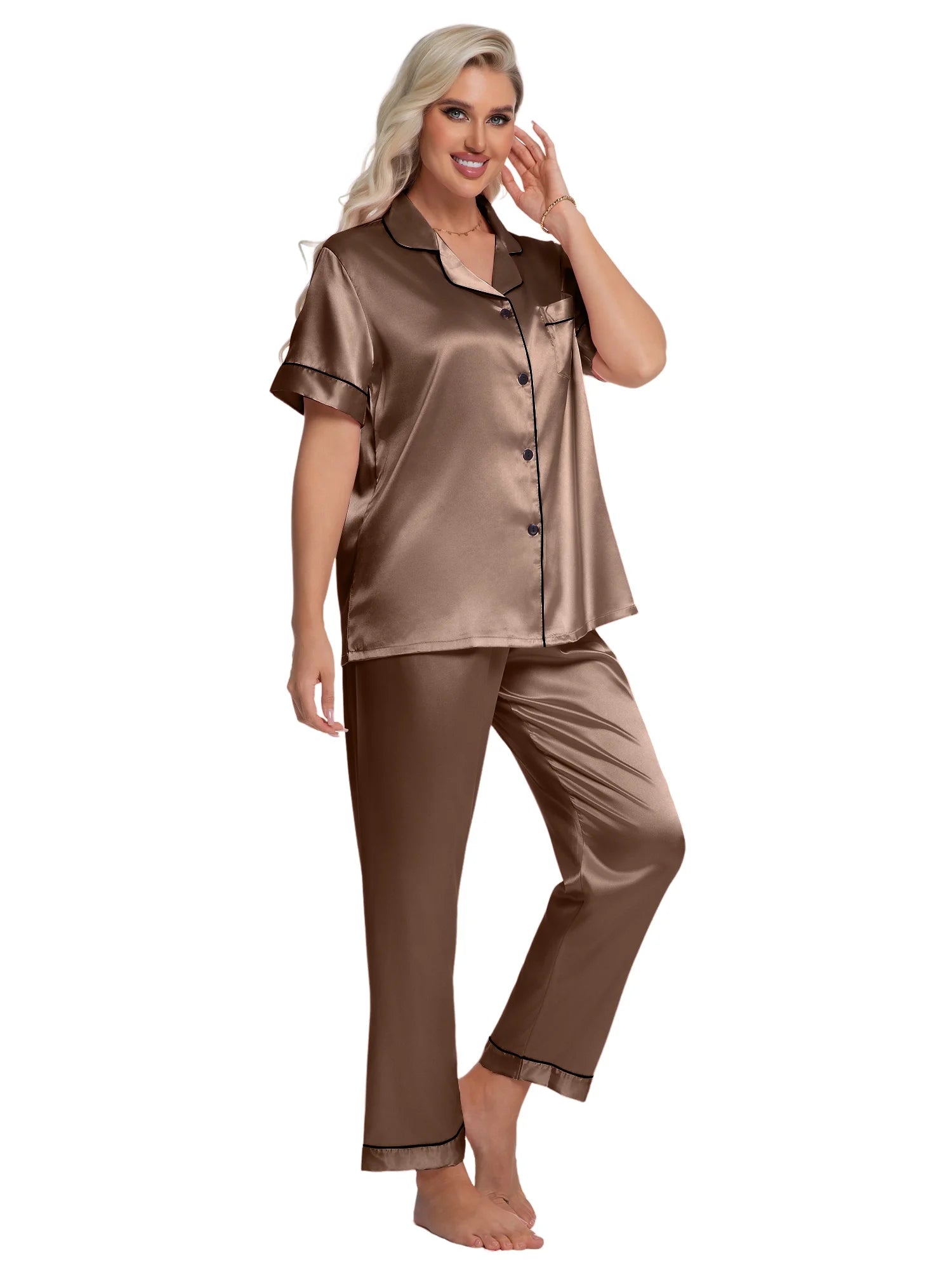 Silk Satin Pajamas Set for Women Two-Piece Short Sleeve Shirt with Long Pajama Pant Set Soft Button down Loungewear Nightwear Pjs Sleepwear for Women